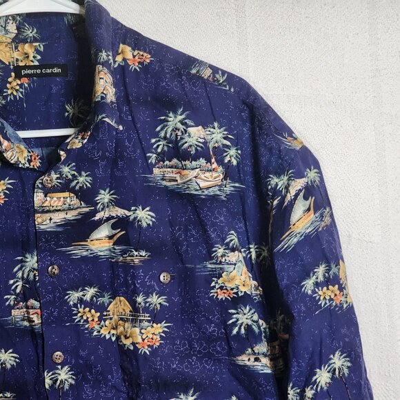 Pierre Cardin Vtg Blue Tropical Surfer Beach Scene ButtonUp Cotton Shirt Size XL - Picture 7 of 16